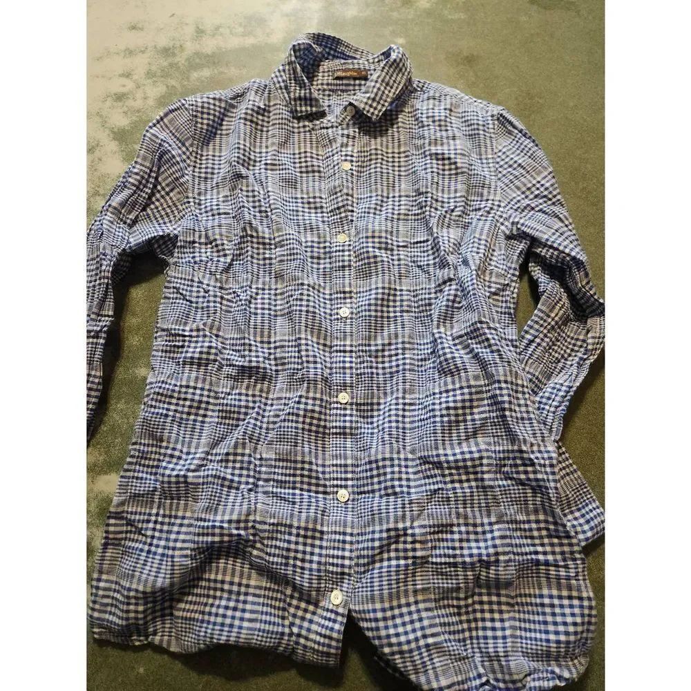 J McLaughlin blue&white plaid button down shirt sz XS